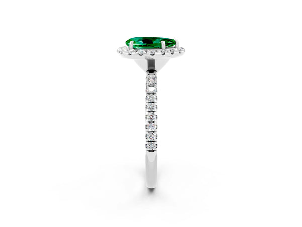 Silver Pear Cut Emerald Halo Ring with Round Pavé Band and Prong Setting