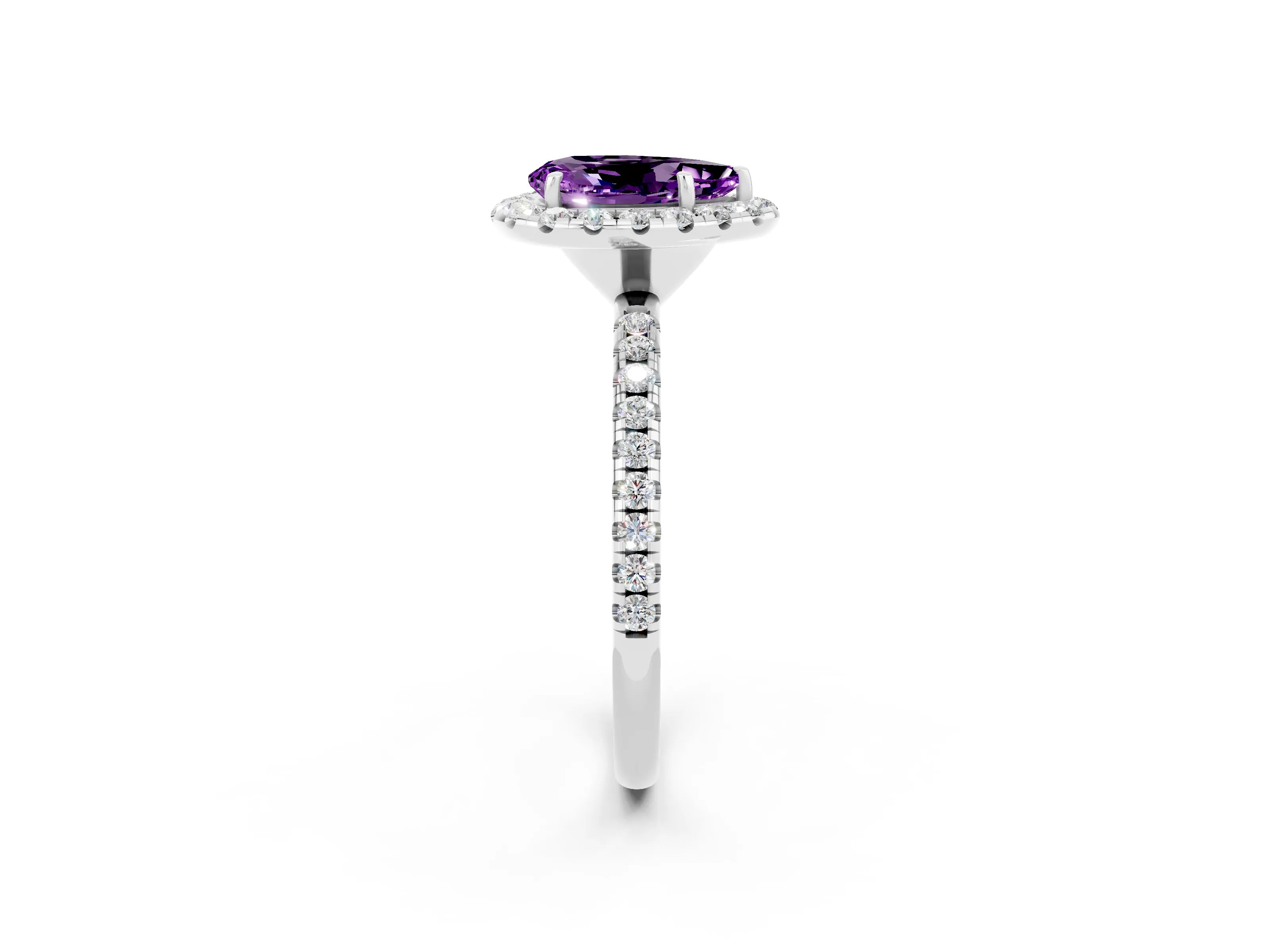 White gold Pear Cut Halo Round Diamond Pavé Band Four-Prong Ring_14