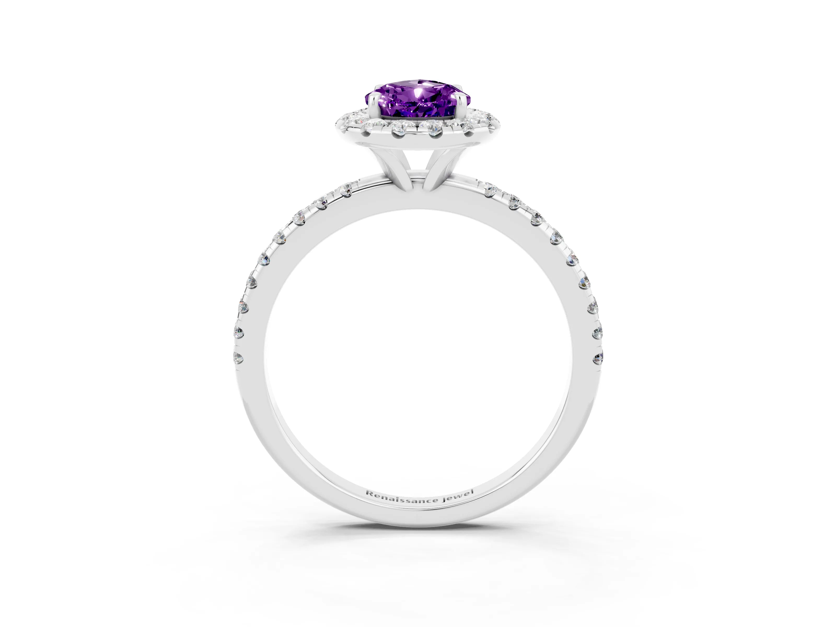 White gold Pear Cut Halo Round Diamond Pavé Band Four-Prong Ring_15