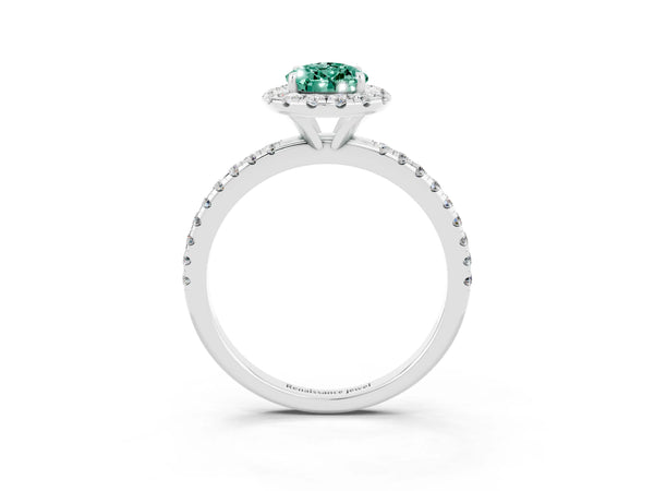 Platinum Pear Cut Green Sapphire Halo Ring with Round Pavé Band and Prong Setting