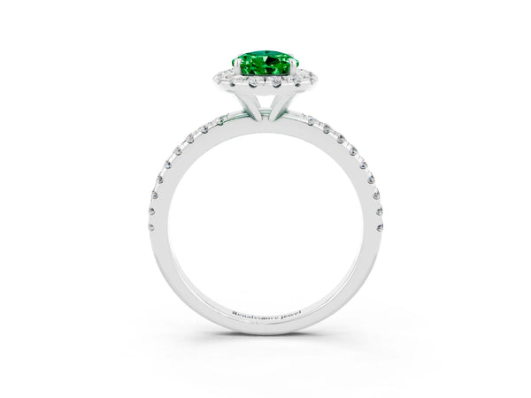 Platinum Pear Cut Emerald Halo Ring with Round Pavé Band and Prong Setting