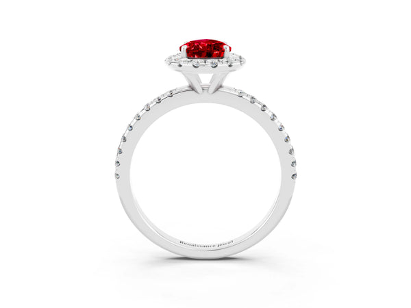 White gold Pear Cut Halo Round Diamond Pavé Band Four-Prong Ring