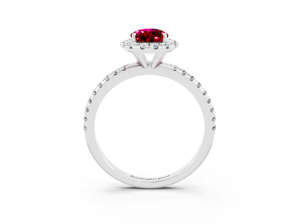 Silver Pear Cut Garnet Halo Ring with Round Pavé Band and Prong Setting