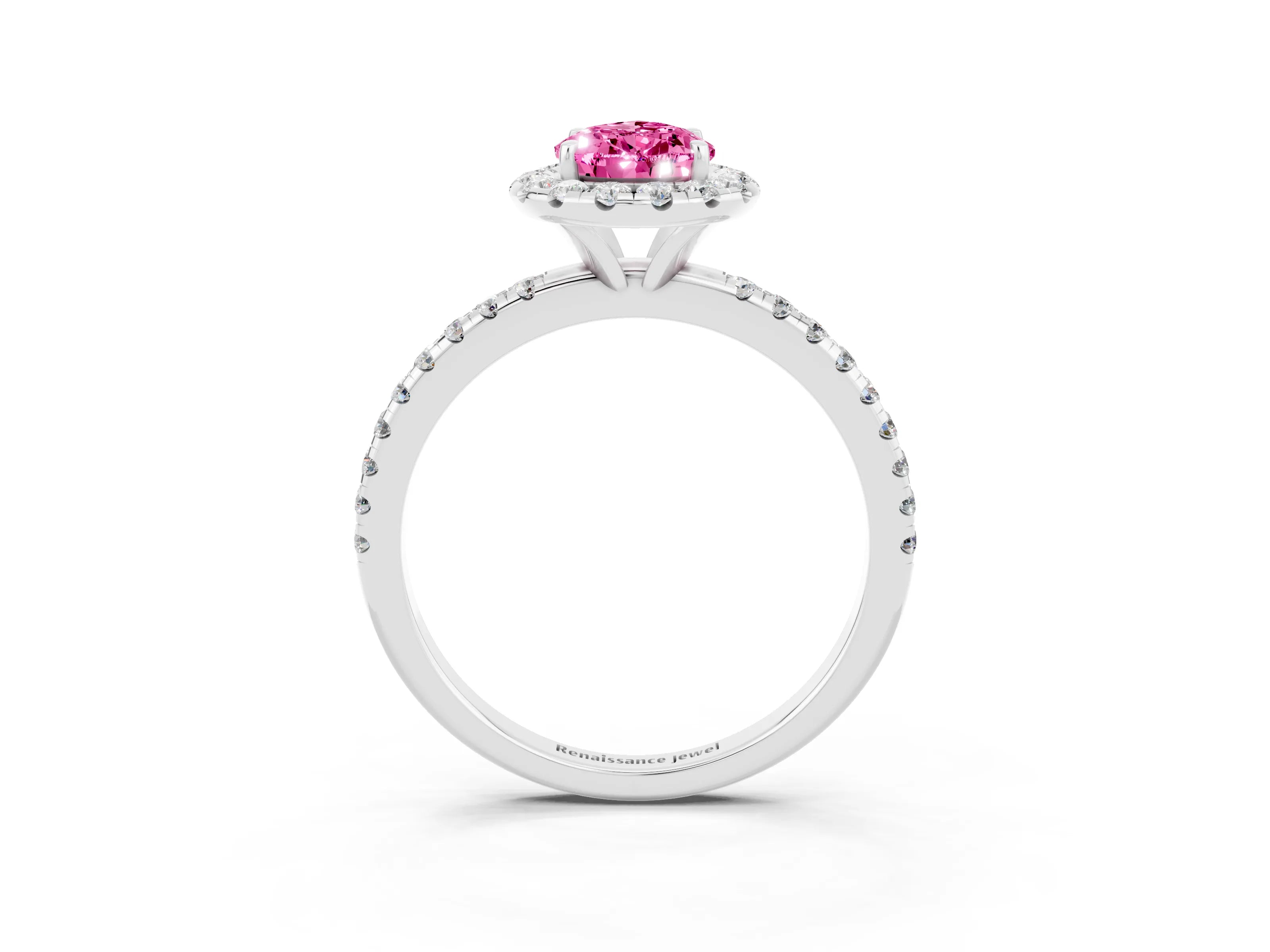 White gold Pear Cut Halo Round Diamond Pavé Band Four-Prong Ring_15