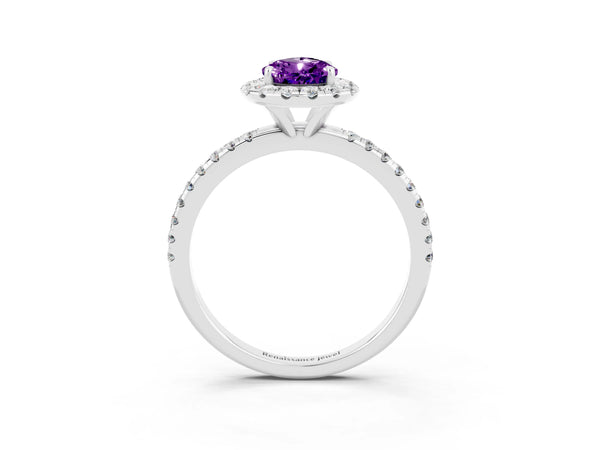 Platinum Pear Cut Amethyst Halo Ring with Round Pavé Band and Prong Setting