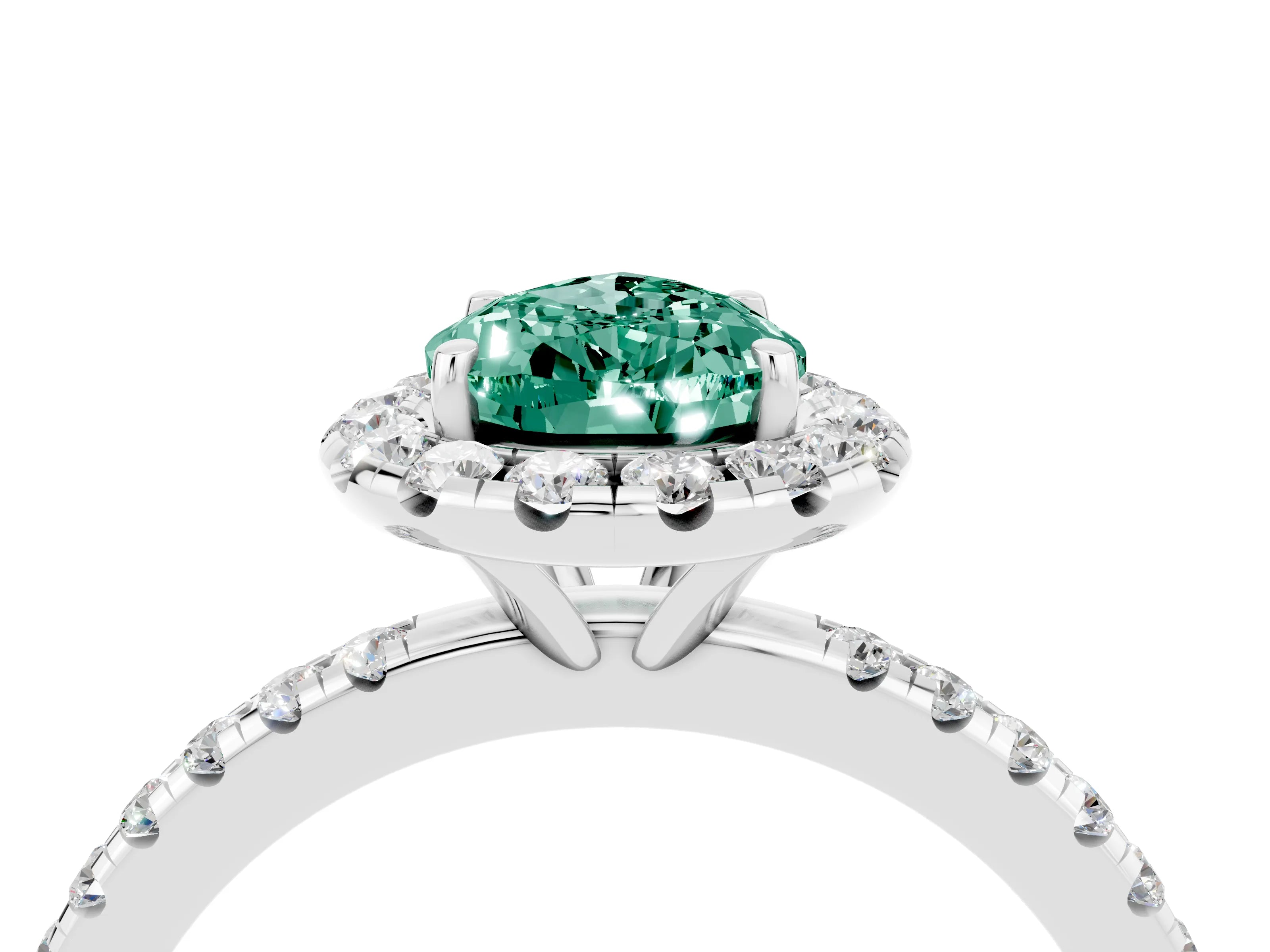 White gold Pear Cut Halo Round Diamond Pavé Band Four-Prong Ring_16
