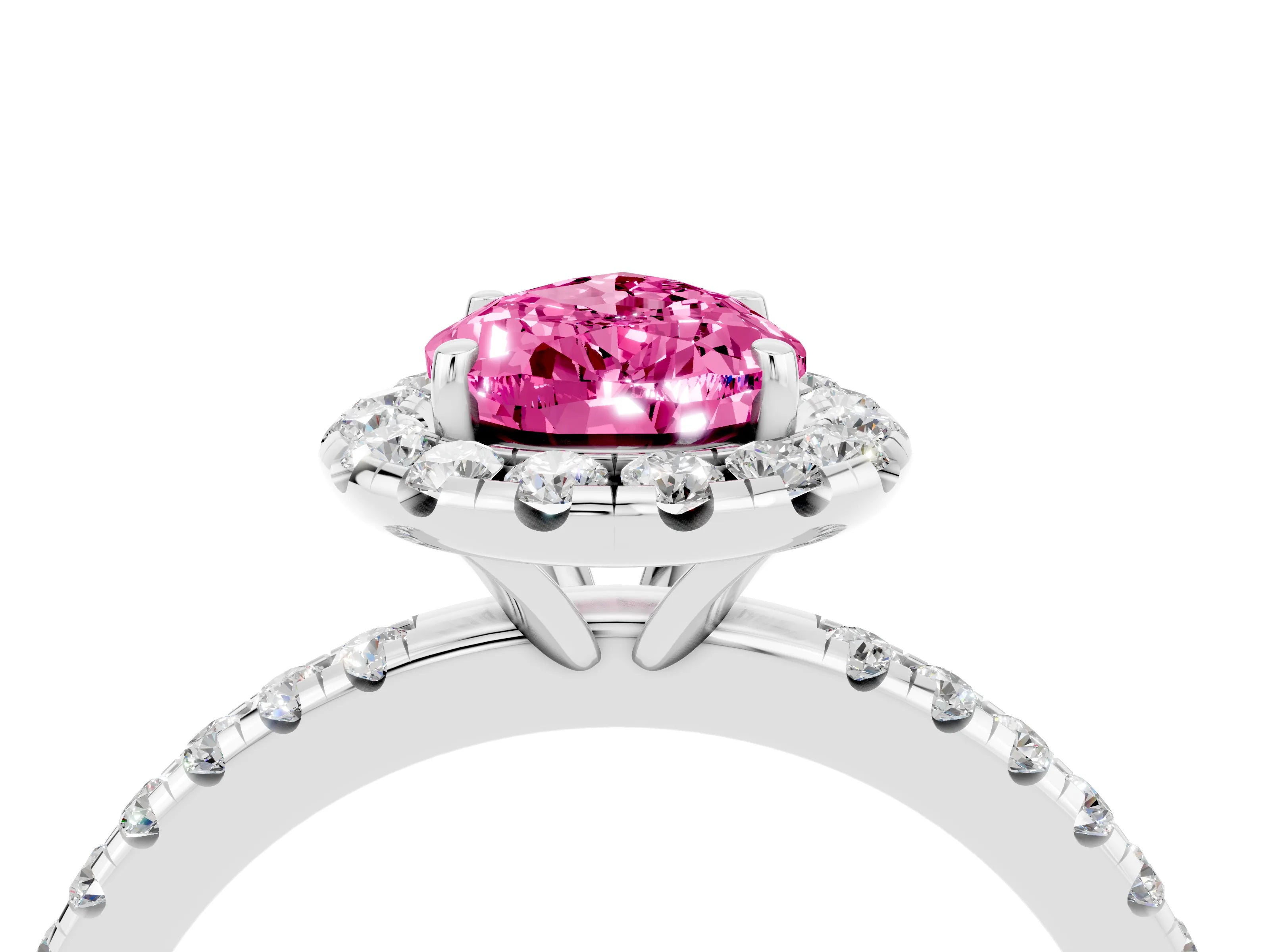 White gold Pear Cut Halo Round Diamond Pavé Band Four-Prong Ring_16