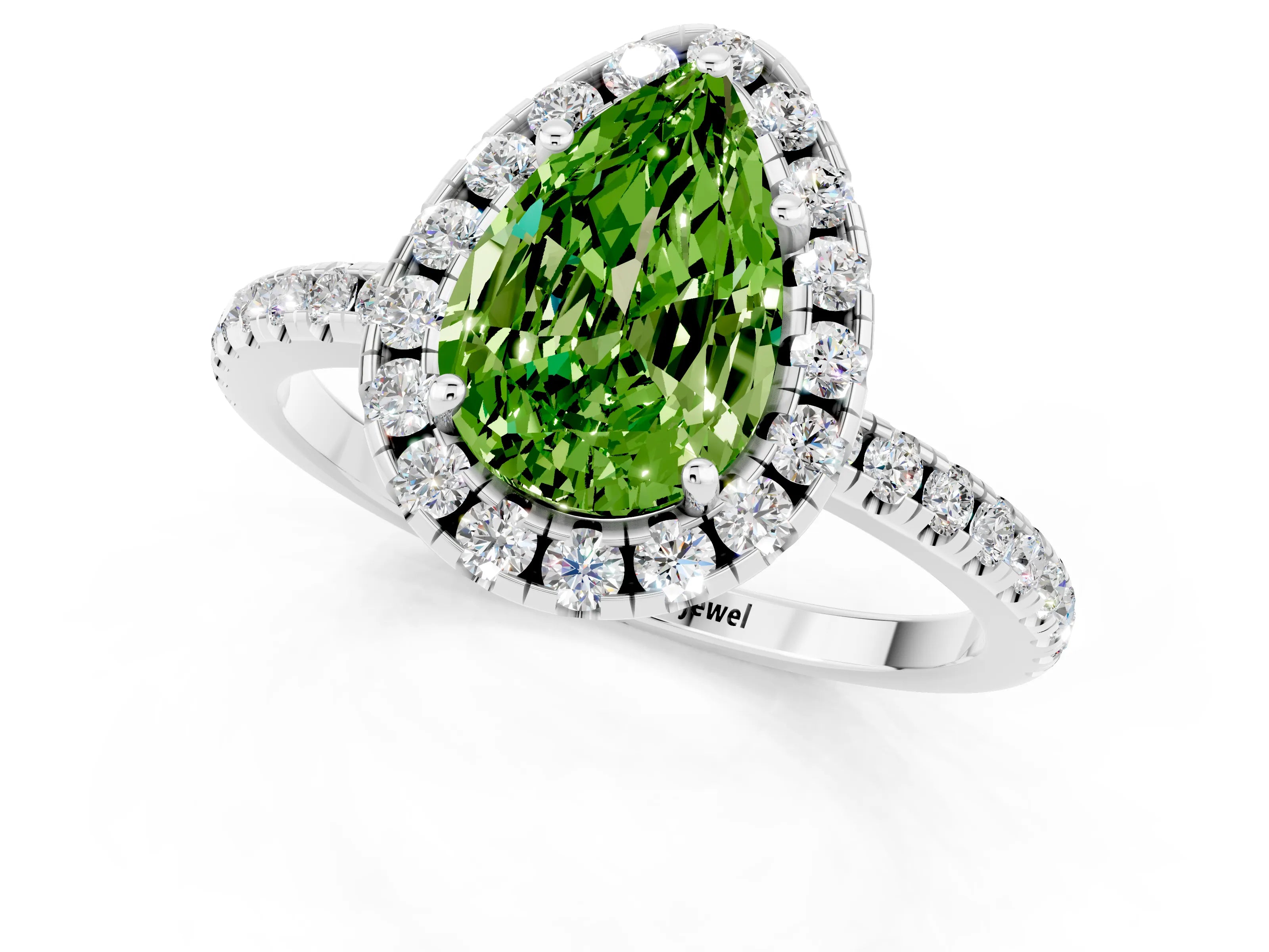 White gold Pear Cut Halo Round Diamond Pavé Band Four-Prong Ring_1