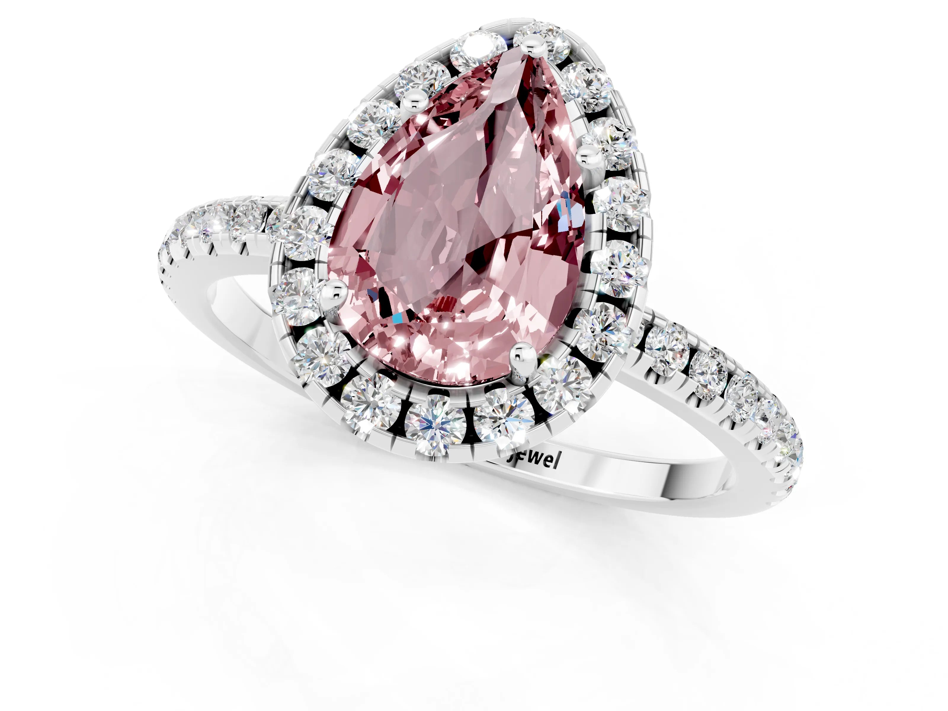 White gold Pear Cut Halo Round Diamond Pavé Band Four-Prong Ring_1