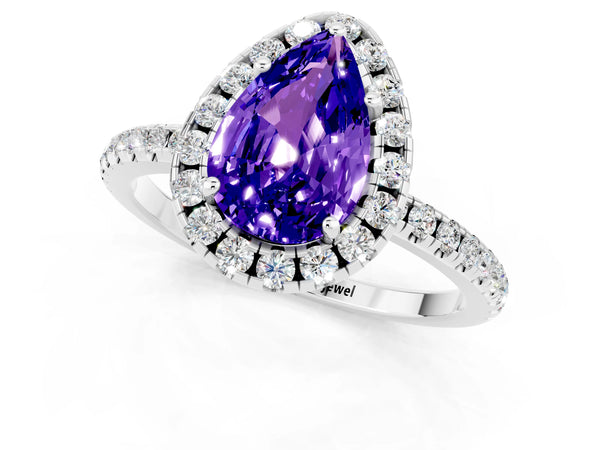 White gold Pear Cut Tanzanite Halo Ring with Round Pavé Band and Prong Setting
