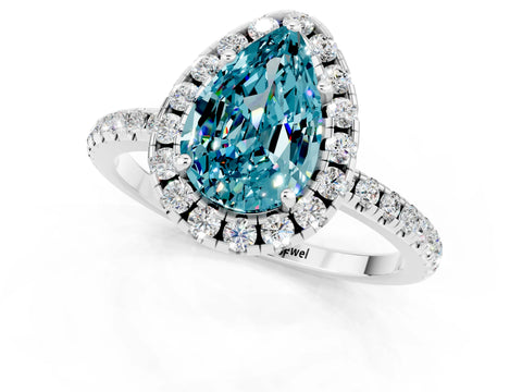 White gold Pear Cut Halo Round Diamond Pavé Band Four-Prong Ring_1