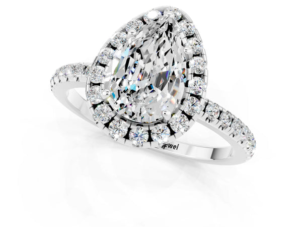 White gold Pear Cut Moissanite Halo Ring with Round Pavé Band and Prong Setting