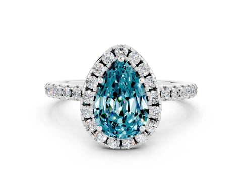 White gold Pear Cut Halo Round Diamond Pavé Band Four-Prong Ring