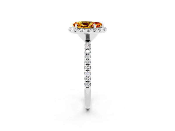 Silver Pear Cut Citrine Halo Ring with Round Pavé Band and Prong Setting