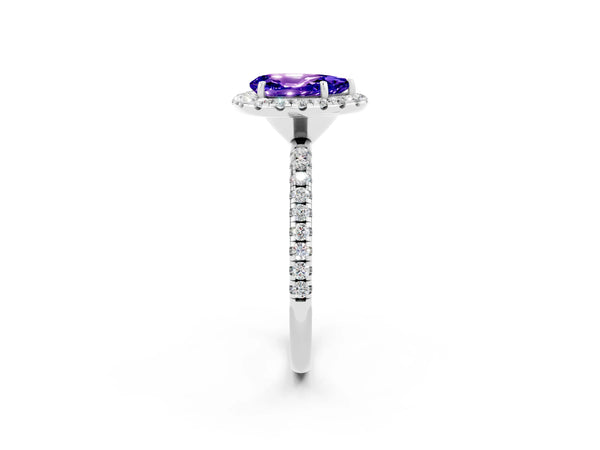 White gold Pear Cut Tanzanite Halo Ring with Round Pavé Band and Prong Setting
