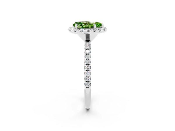 White gold Pear Cut Halo Round Diamond Pavé Band Four-Prong Ring