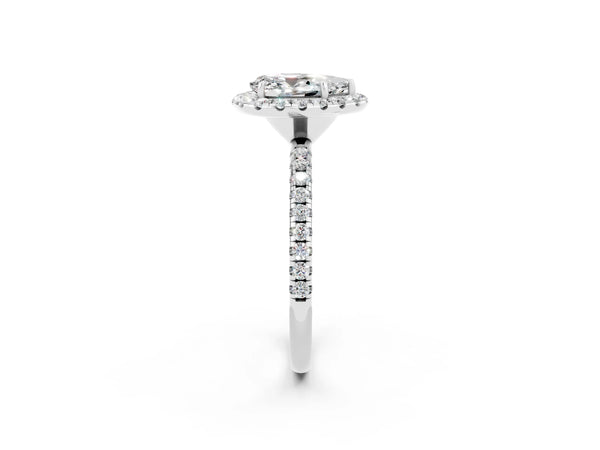 White gold Pear Cut Moissanite Halo Ring with Round Pavé Band and Prong Setting