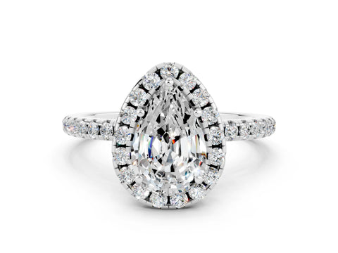 White gold Pear Cut Halo Round Diamond Pavé Band Four-Prong Ring