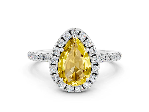 Silver Pear Cut Yellow Sapphire Halo Ring with Round Pavé Band and Prong Setting