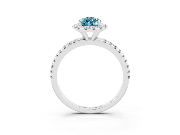 Silver Pear Cut Halo Round Diamond Pavé Band Four-Prong Ring