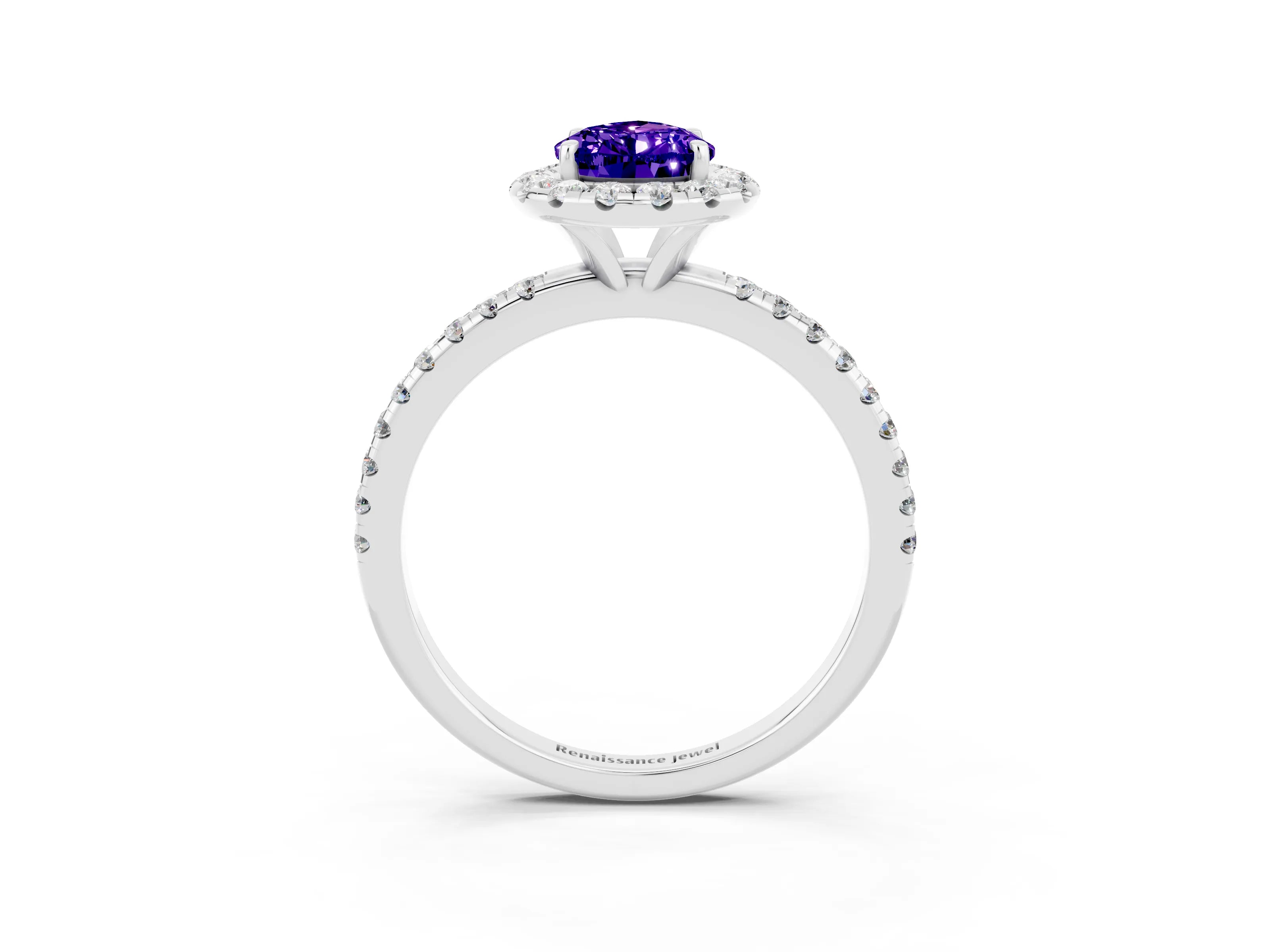 White gold Pear Cut Halo Round Diamond Pavé Band Four-Prong Ring_3