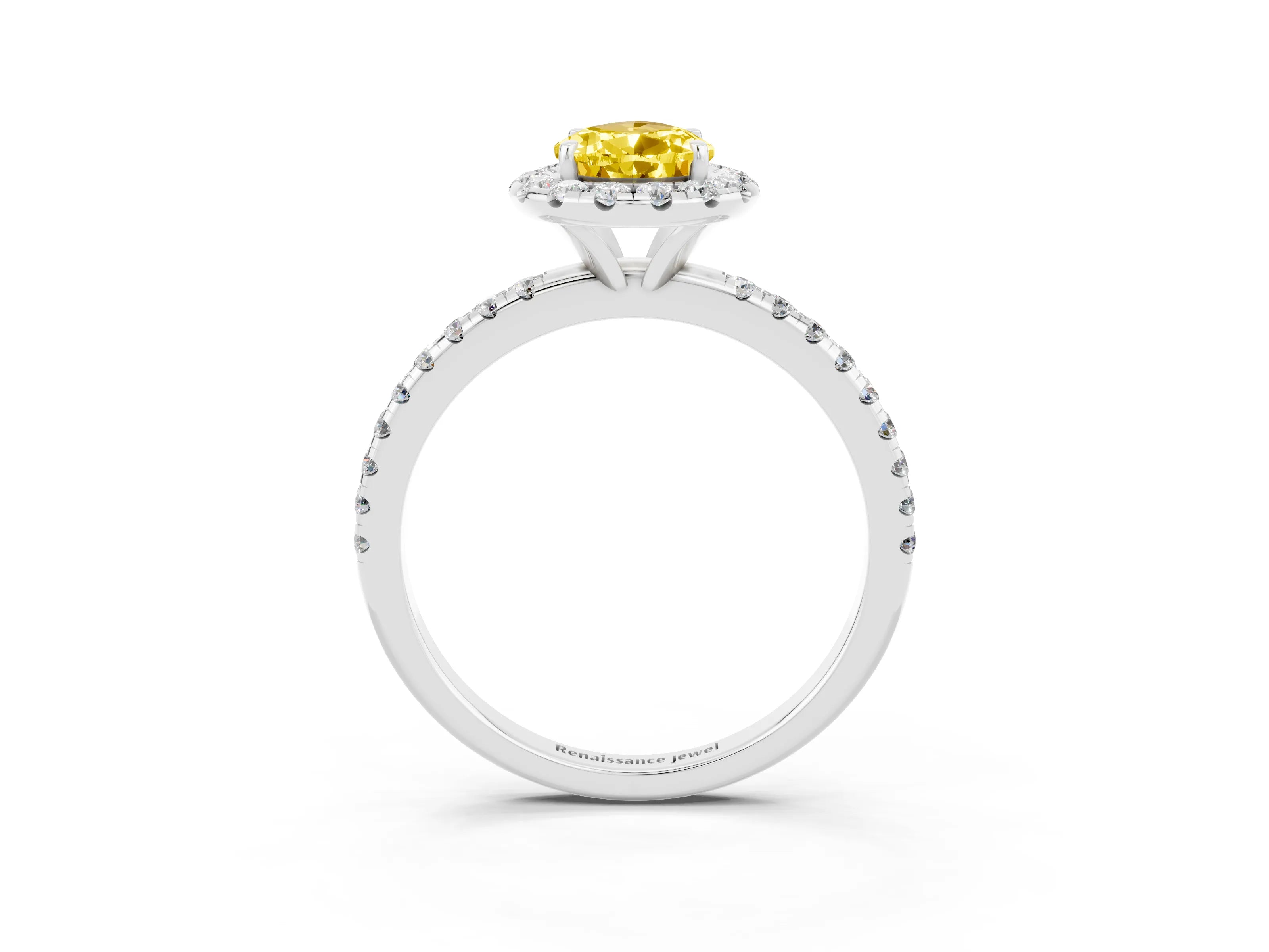White gold Pear Cut Halo Round Diamond Pavé Band Four-Prong Ring_3
