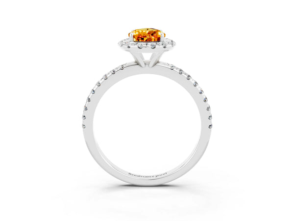 Silver Pear Cut Citrine Halo Ring with Round Pavé Band and Prong Setting