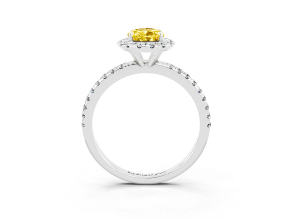 Silver Pear Cut Yellow Sapphire Halo Ring with Round Pavé Band and Prong Setting