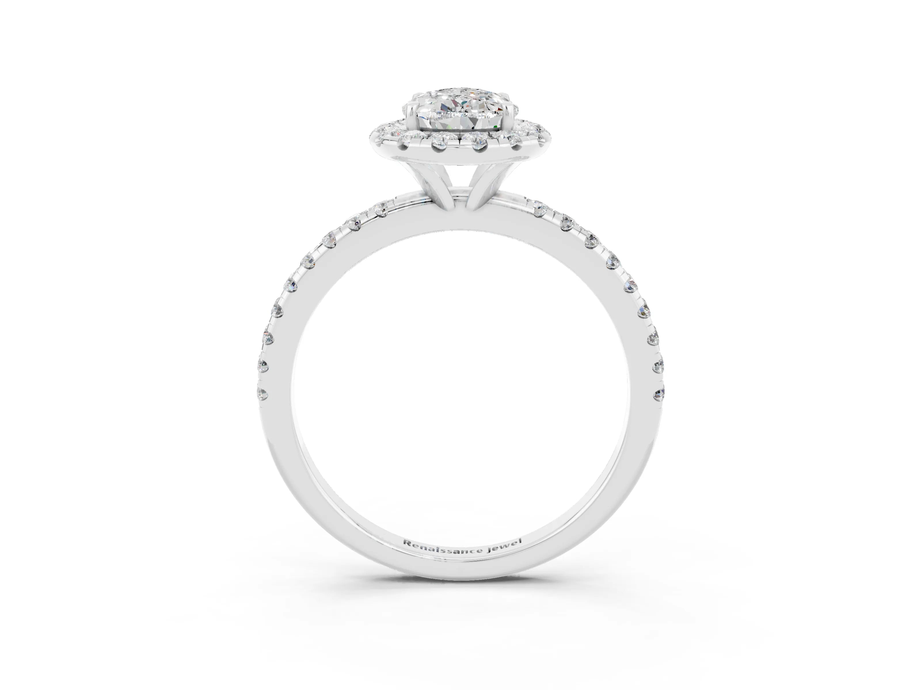 White gold Pear Cut Halo Round Diamond Pavé Band Four-Prong Ring_3