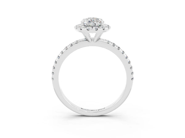 White gold Pear Cut Moissanite Halo Ring with Round Pavé Band and Prong Setting