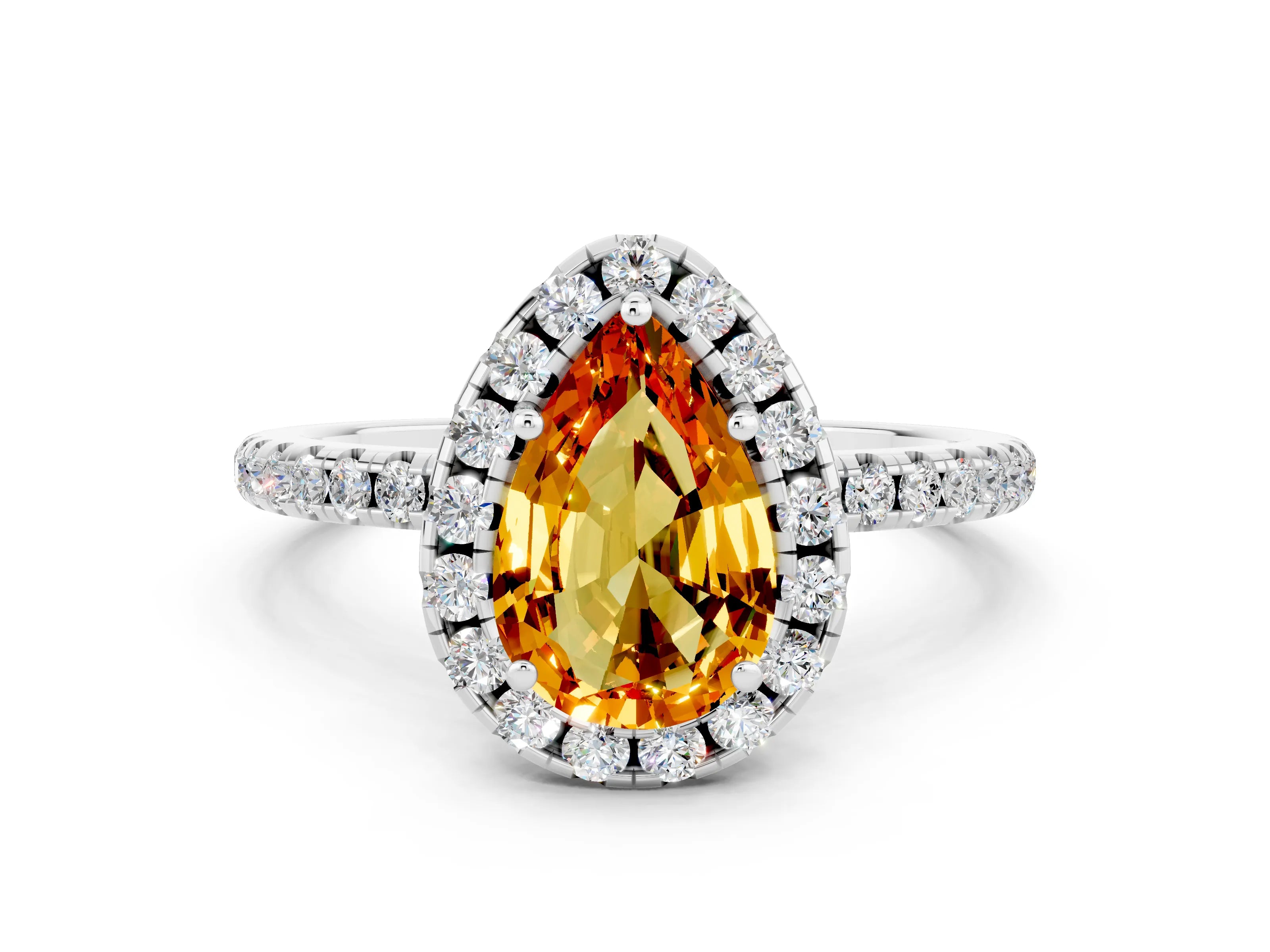 White gold Pear Cut Halo Round Diamond Pavé Band Four-Prong Ring