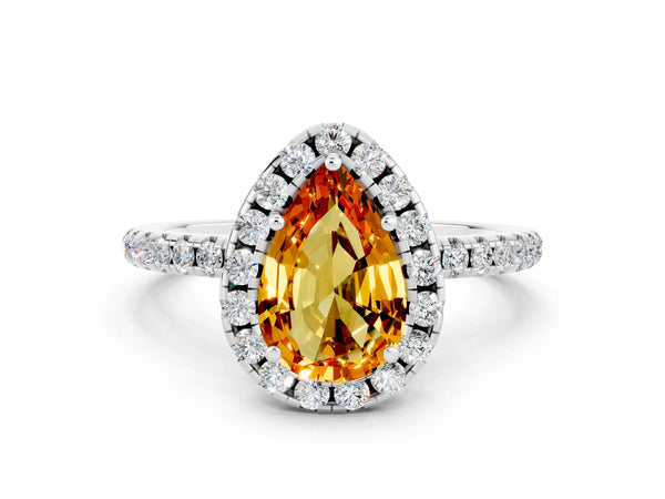 White gold Pear Cut Citrine Halo Ring with Round Pavé Band and Prong Setting
