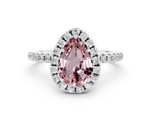 White gold Pear Cut Halo Round Diamond Pavé Band Four-Prong Ring