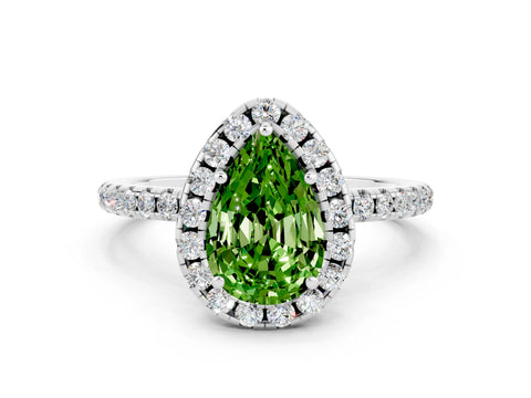 White gold Pear Cut Halo Round Diamond Pavé Band Four-Prong Ring