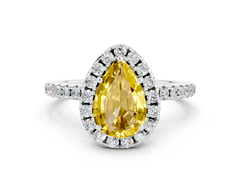 White gold Pear Cut Halo Round Diamond Pavé Band Four-Prong Ring