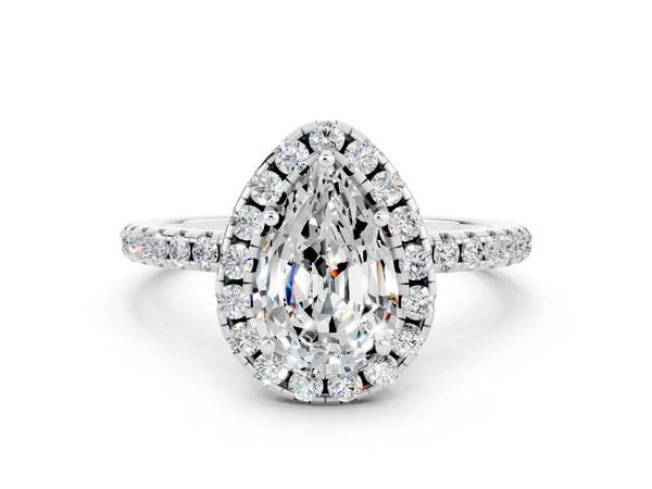 White gold Pear Cut Moissanite Halo Ring with Round Pavé Band and Prong Setting