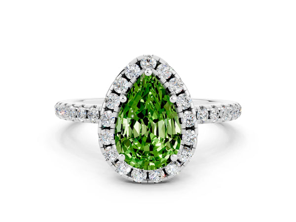White gold Pear Cut Halo Round Diamond Pavé Band Four-Prong Ring