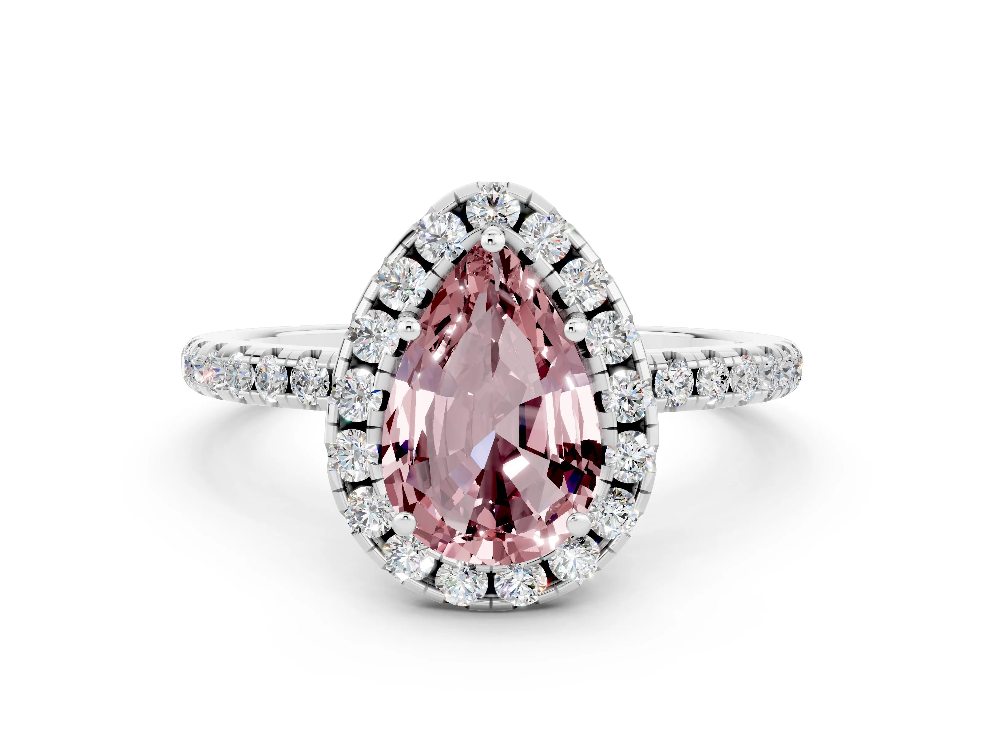 White gold Pear Cut Halo Round Diamond Pavé Band Four-Prong Ring