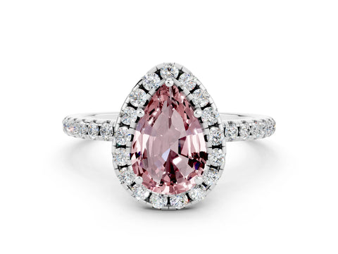 White gold Pear Cut Halo Round Diamond Pavé Band Four-Prong Ring