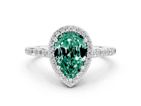 White gold Pear Cut Halo Round Diamond Pavé Band with Four-Prong Setting