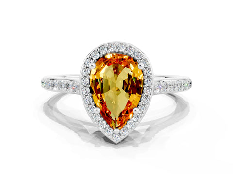 White gold Pear Cut Halo Round Diamond Pavé Band with Four-Prong Setting