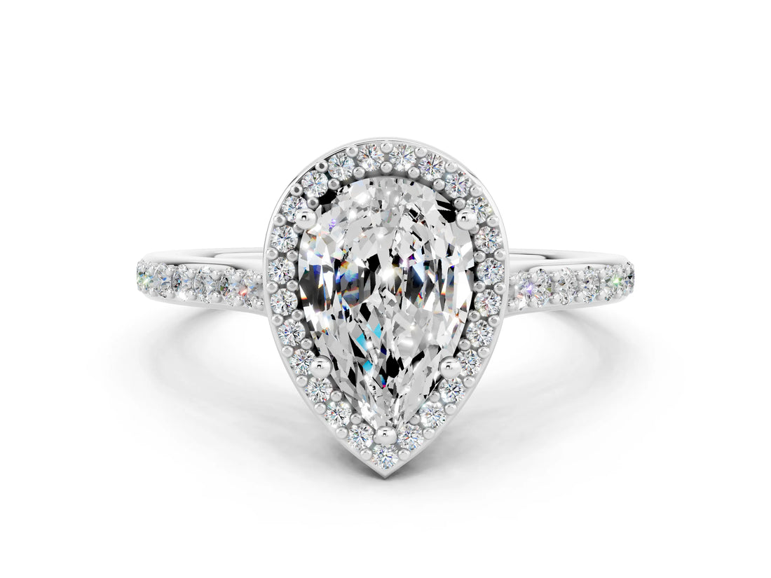 White gold Pear Cut Halo Round Diamond Pavé Band with Four-Prong Setting