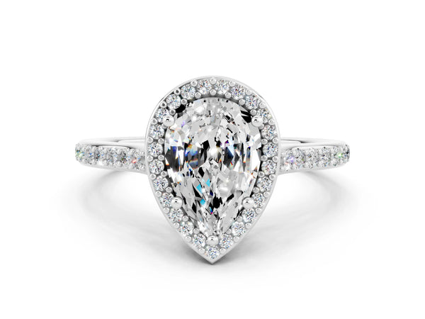 Silver Pear Cut Moissanite Halo Engagement Ring with Round Pavé Shoulders and Prong Setting