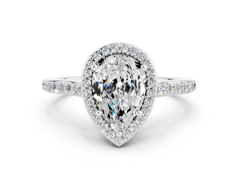 White gold Pear Cut Halo Round Diamond Pavé Band with Four-Prong Setting