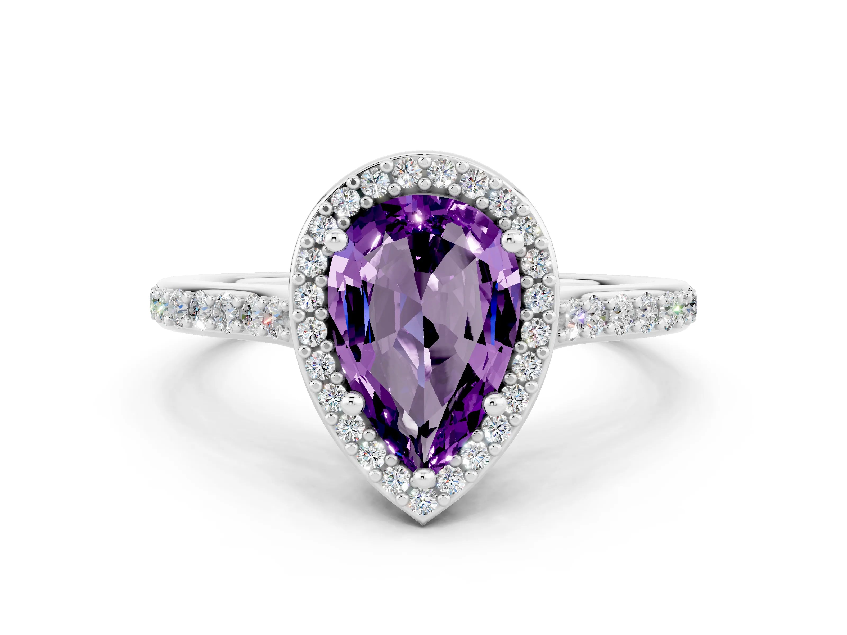 White gold Pear Cut Halo Round Diamond Pavé Band with Four-Prong Setting