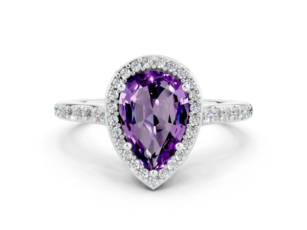 Platinum Pear Cut Halo Round Diamond Pavé Band with Four-Prong Setting