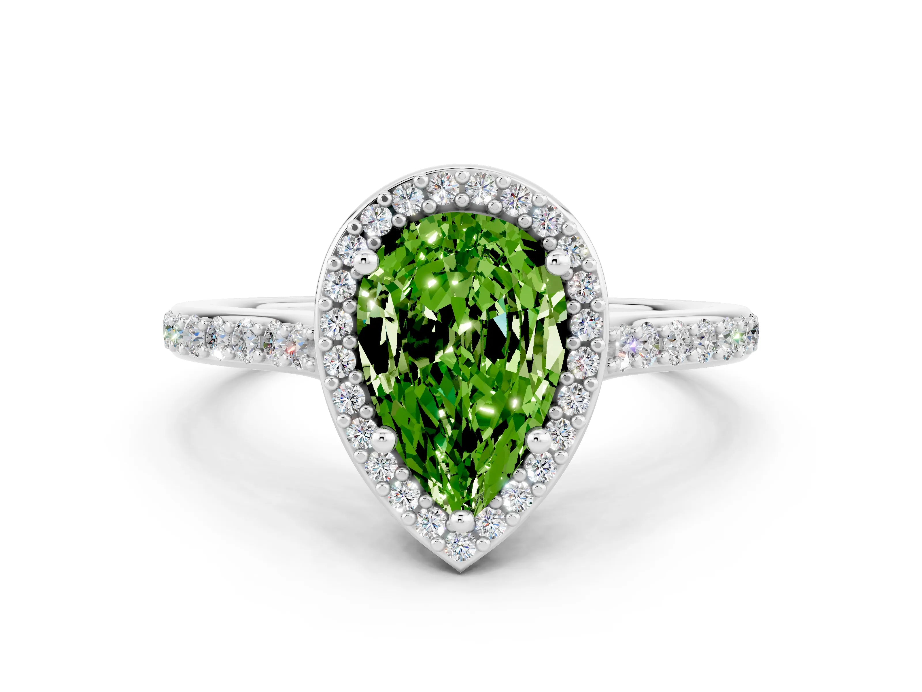 White gold Pear Cut Halo Round Diamond Pavé Band with Four-Prong Setting