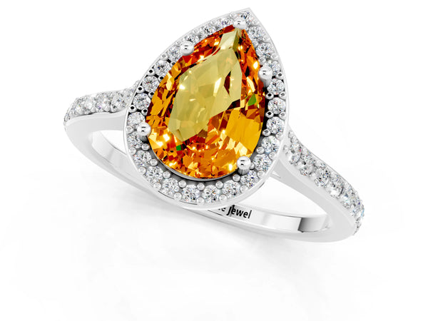 Silver Pear Cut Citrine Halo Engagement Ring with Round Pavé Shoulders and Prong Setting