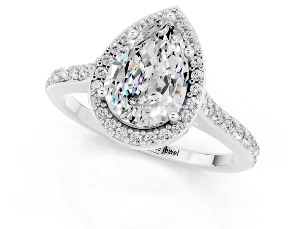 Silver Pear Cut Moissanite Halo Engagement Ring with Round Pavé Shoulders and Prong Setting