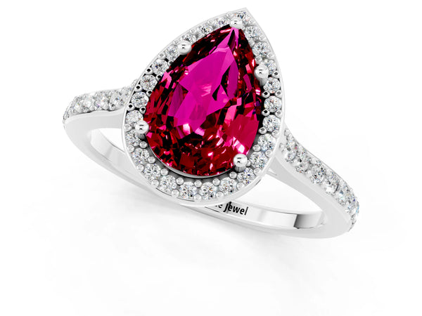 Platinum Pear Cut Garnet Halo Engagement Ring with Round Pavé Shoulders and Prong Setting